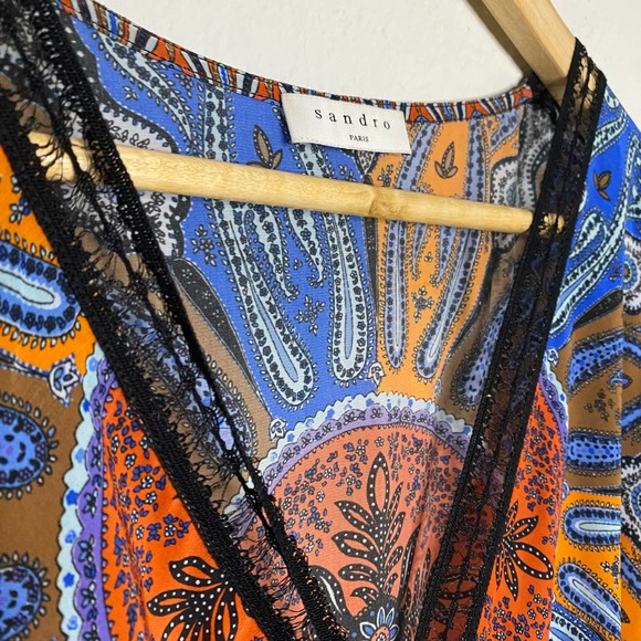 Sandro Paris Paisley Print Silk Wrap Dress Orange Blue - Picture 6 of 10